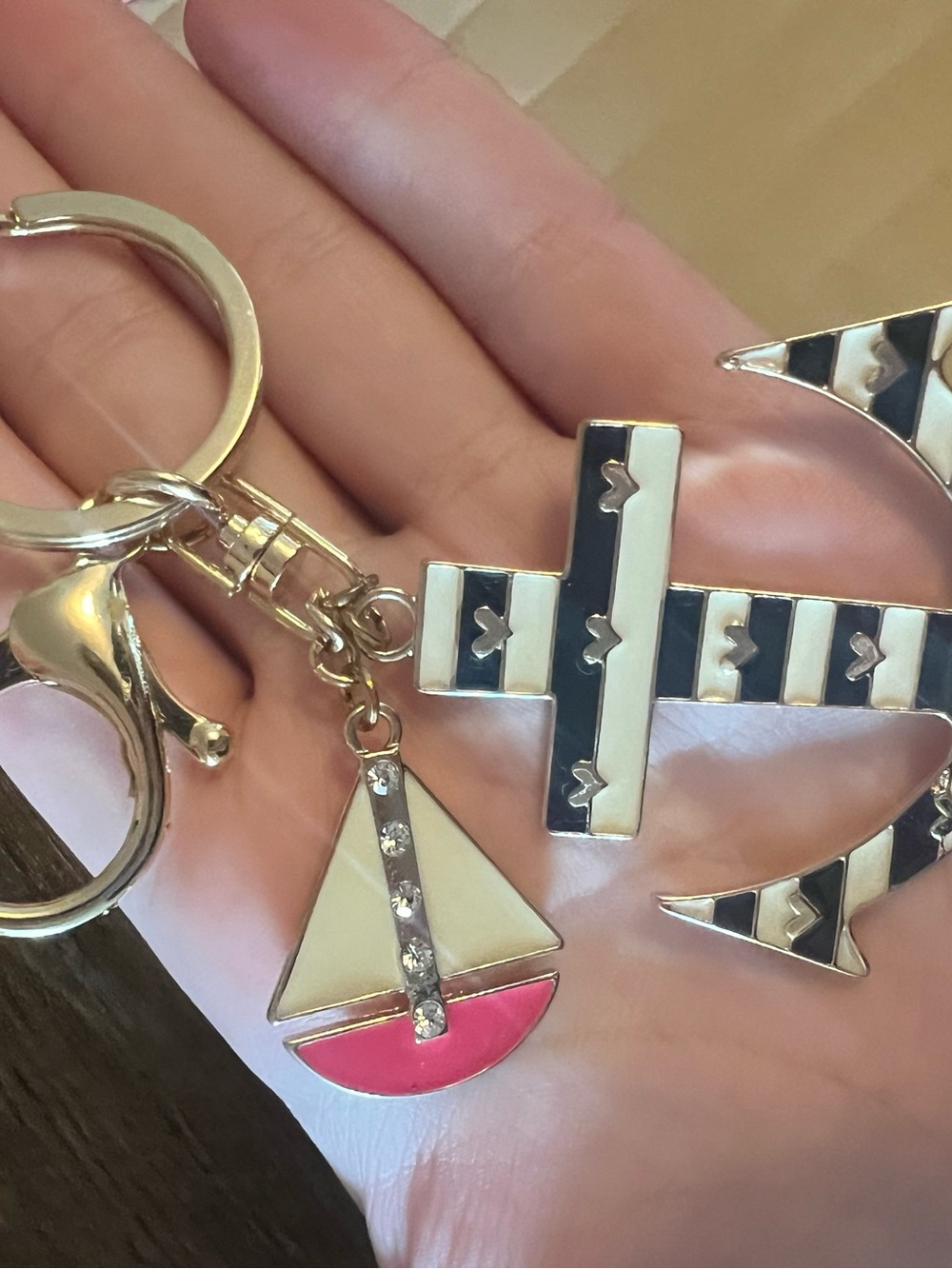 Gold-Tone Nautical Sailboat Keychain Charm in Pink, White & Black
